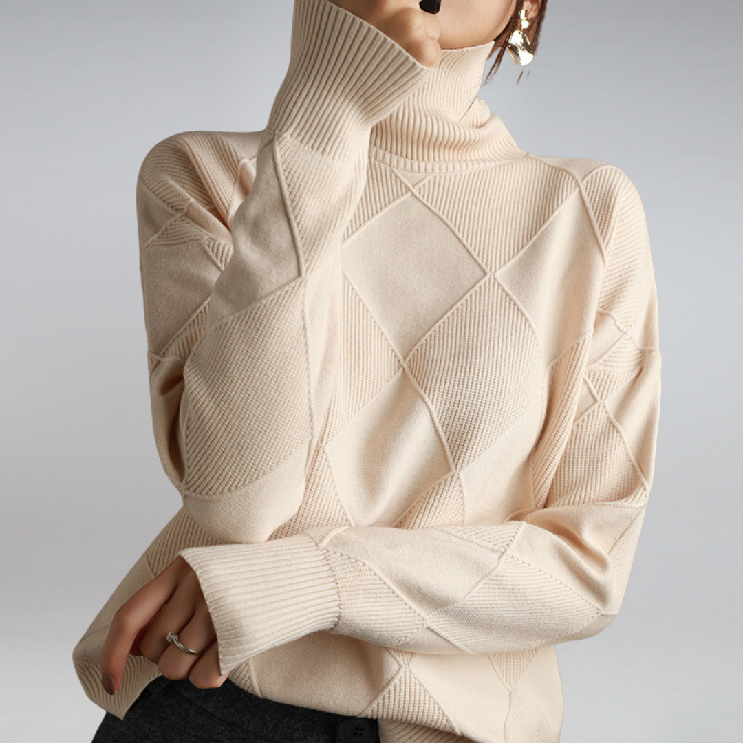 Turtleneck Sweater with Diamond Pattern and Ribbed Cuffs for Women