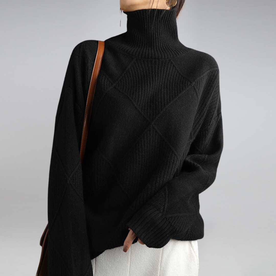 Turtleneck Sweater with Diamond Pattern and Ribbed Cuffs for Women