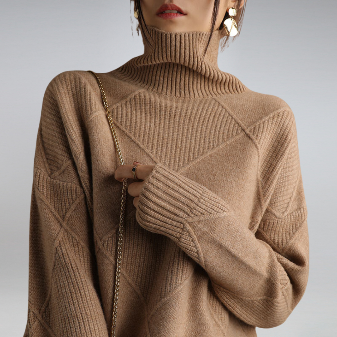 Turtleneck Sweater with Diamond Pattern and Ribbed Cuffs for Women