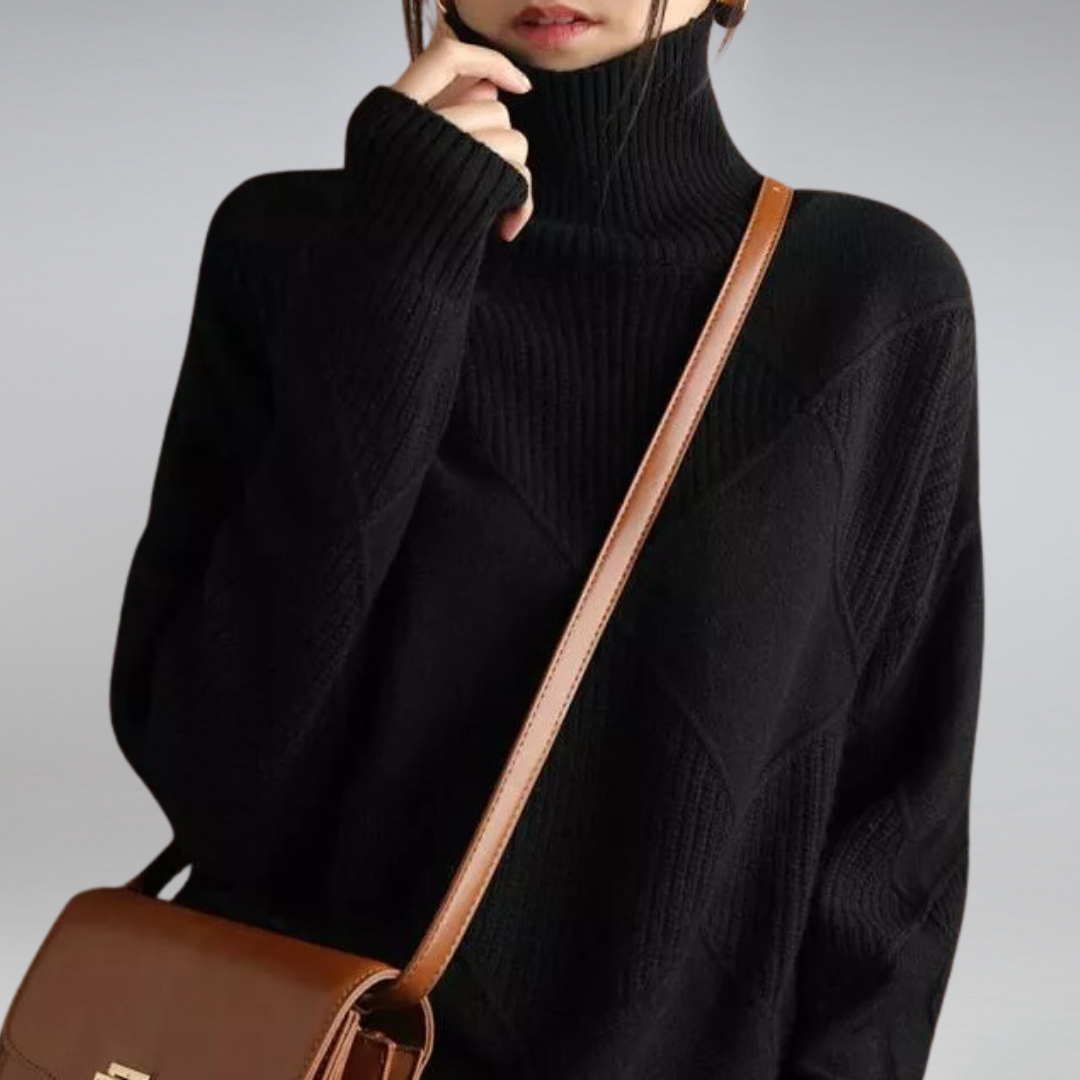 Turtleneck Sweater with Diamond Pattern and Ribbed Cuffs for Women